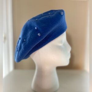 Basque French Beret Cerulean Blue 100% Wool with Tiny Moonstone Beads Vintage